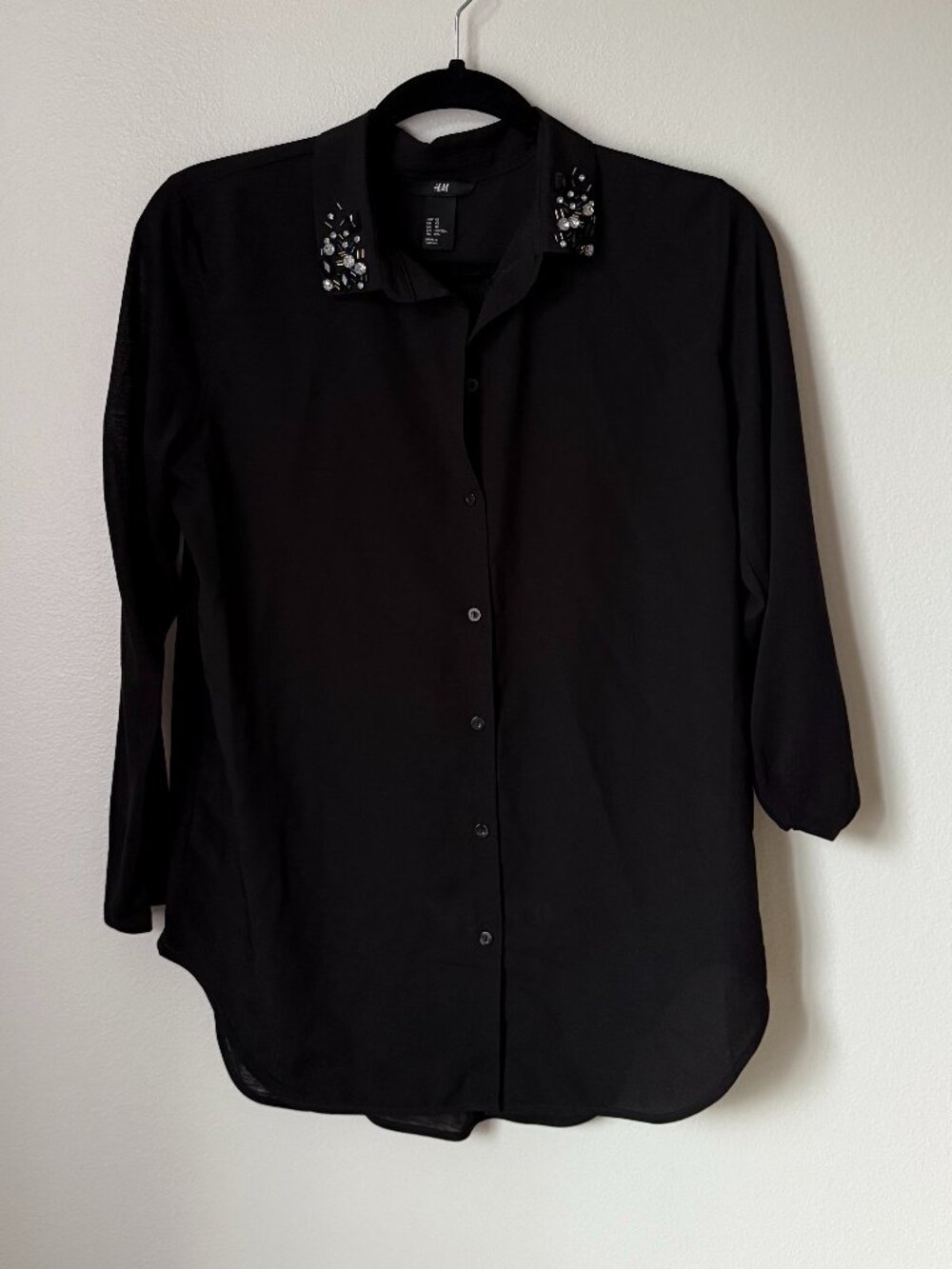 H&M Rhinestone Embellished Collar Button Down Shirt Black XS